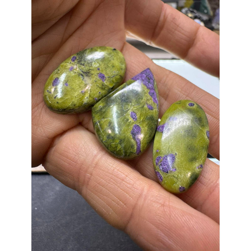#222 Atlantasite Cabs - 3 Pieces of Stitchtite in Line Serpentine - Green with Purple